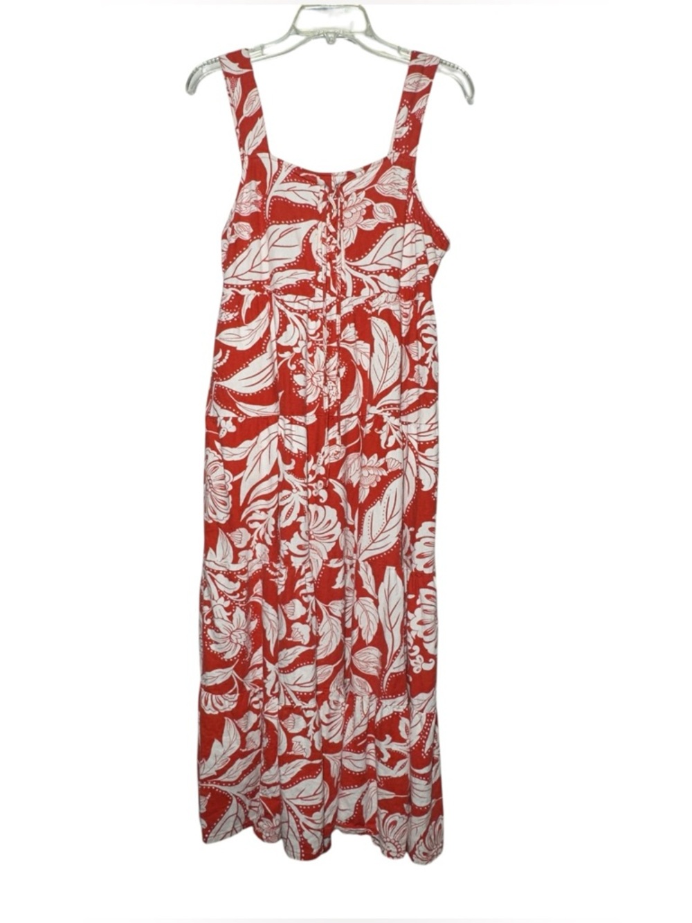 Linen Midi Dress Medium Floral Topical Lace Up Tiered Pockets Summer Resort Boho